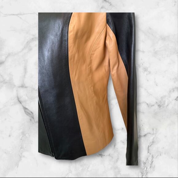 B&J Genuine Leather Two-Tone Black & Tan Zip Front Jacket Women’s Small - Picture 5 of 8